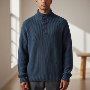 G.H. BASS & CO. Men’s Ribbed Sweater L Dusty Blue Sherpa Lined Quarter Button